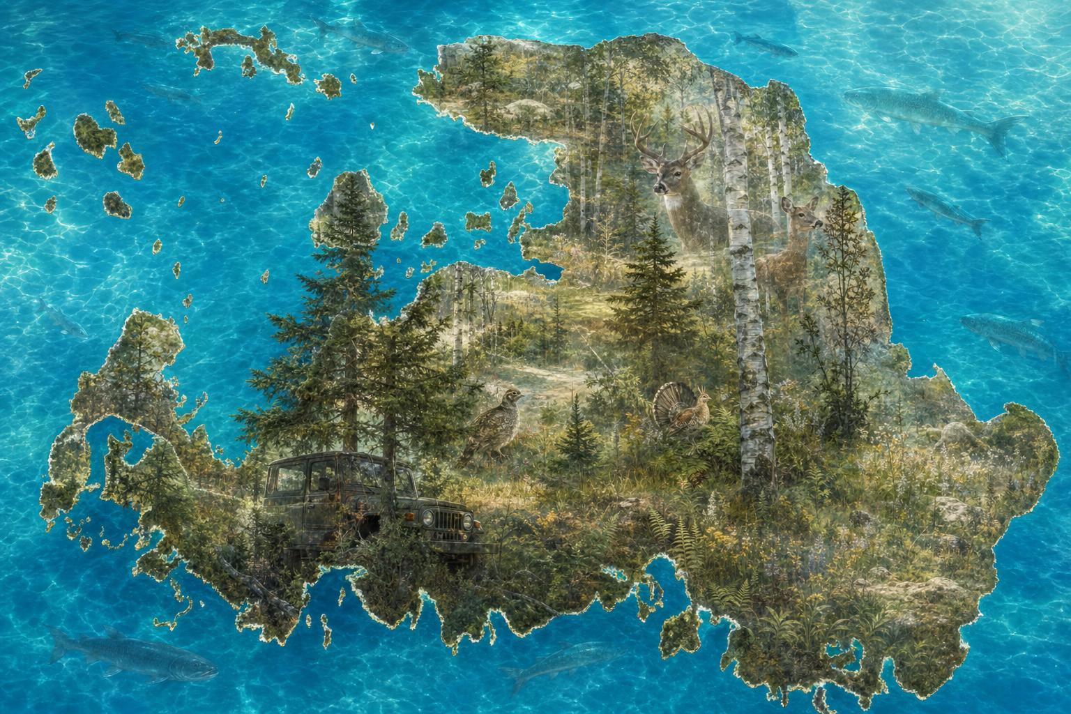 Ai Trained Image of Drummond Island, Forest Themed with native animal & fish