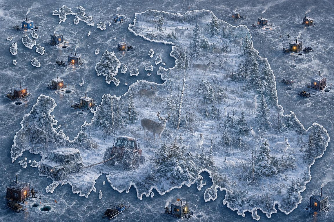 Ai Trained Image of Drummond Island, Winter Themed with native animal & Fishing Shacks